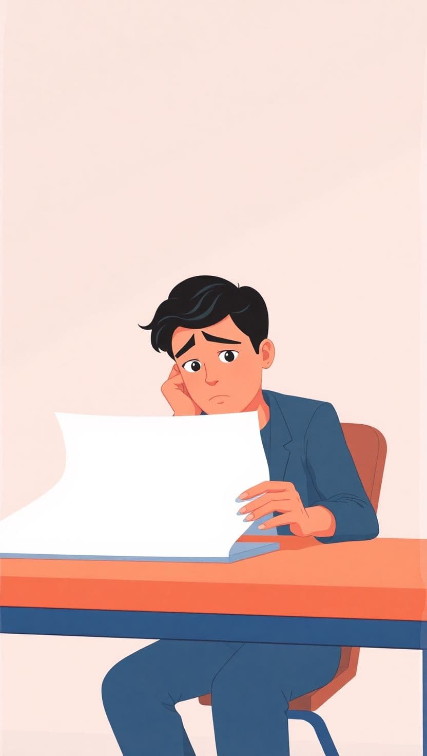 Minimalist illustration of a person sitting at a desk, staring at a blank page, looking puzzled.