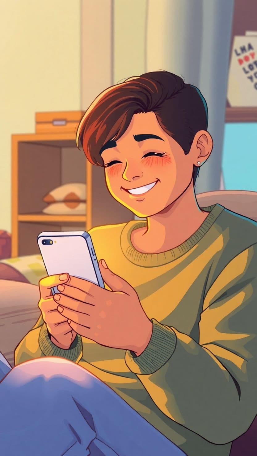 Illustration of the same person reaching for their phone with a little sparkle above it.