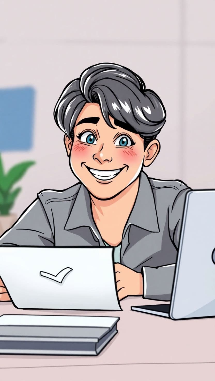 Illustration of the person happily finishing their work at the desk, with a paper or screen showing a checkmark.
